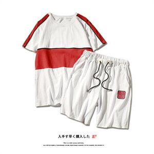703-TZ127-P45 夏季圆领拼色全棉套头T恤套装短袖+短裤 DJ784 黑图片