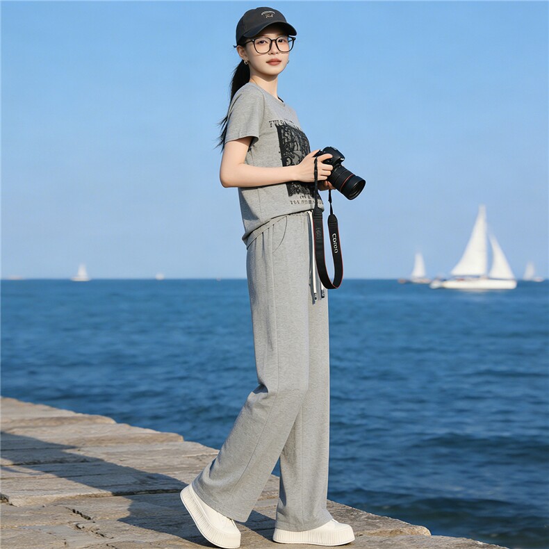 复古简约休闲时尚套装女夏季新款蕾丝撞色拼接短袖上衣长裤两件套,女装套装/套裙,江南