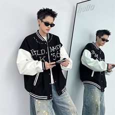 CR097-P72美式复古钉珠棒球服外套男春季2025新款宽松PU皮袖夹克，男装夹克，电商C233