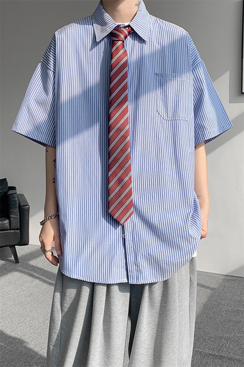 8XL-M条纹短袖衬衫男夏季宽松慵懒风痞帅大码衬衣外套DC28001P40,男装衬衫,电商B312