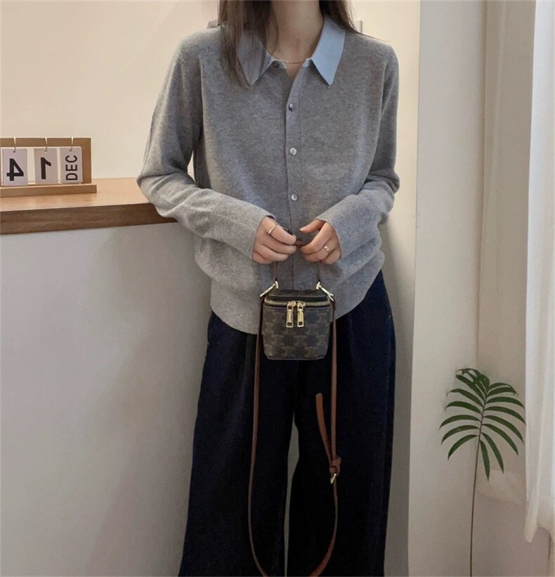 春秋撞色Polo领100%纯羊毛针织开衫女宽松衬衣毛衣羊绒衫外套上衣,女装羊毛衫,圣旺供货