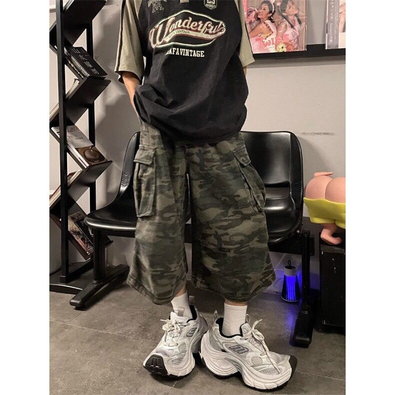 网图美式复古迷彩工装裤男宽松直筒阔腿设计七分短裤N1081-P53,男装休闲裤,星座1001-1