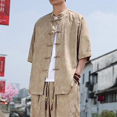 新中式七分袖衬衫男2025夏季新款大码盘扣上衣，男装衬衫，电商A008