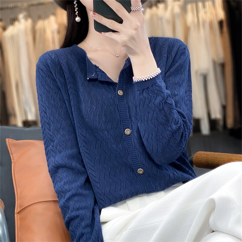2024新款气质洋气优雅圆领针织长袖开衫女薄款镂空宽松休闲外搭潮,针织衫/毛衣,斯美雅电商供货