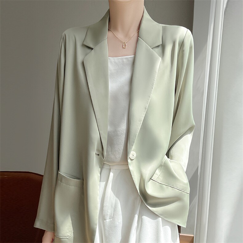 2025新款醋酸缎面纯色开衫女宽松百搭洋气上衣薄款长袖西装外搭，女装短外套，暖习羊绒