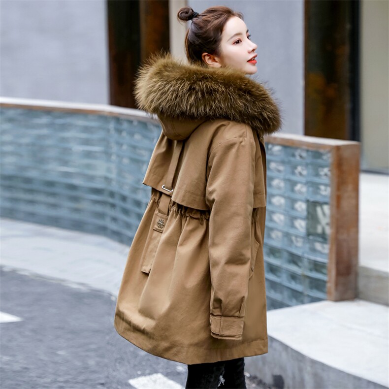 棉衣/棉服2021新款冬仿羊羔毛中长款工装带帽棉服女外套配毛领,女装派克服,瑶迪依秀