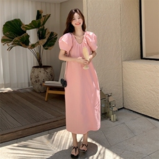 高级感气质v领中长款连衣裙女2025夏新款爆款韩版高腰小个子长裙，女装连衣裙，2C113