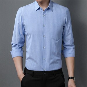 2023新款衬衫男士长袖条纹无痕春秋季中年商务休闲抗皱免烫衬衣潮图片