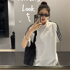 抖音得物品质二开240克宽松纯棉美式潮牌印花三条杠中性风短袖T恤，男装T恤，电商A486