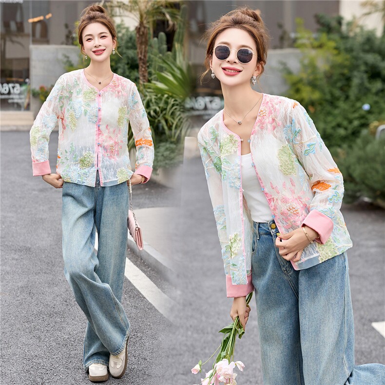 短款刺绣花朵防晒衣休闲炸街新中式盘扣薄外套圆领独特漂亮防晒衣，女装防晒衣，韩美纤衣