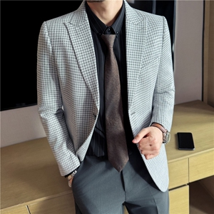 羊毛老钱风厚款格纹西装外套男士高级感肌理感西服DX7036-P168