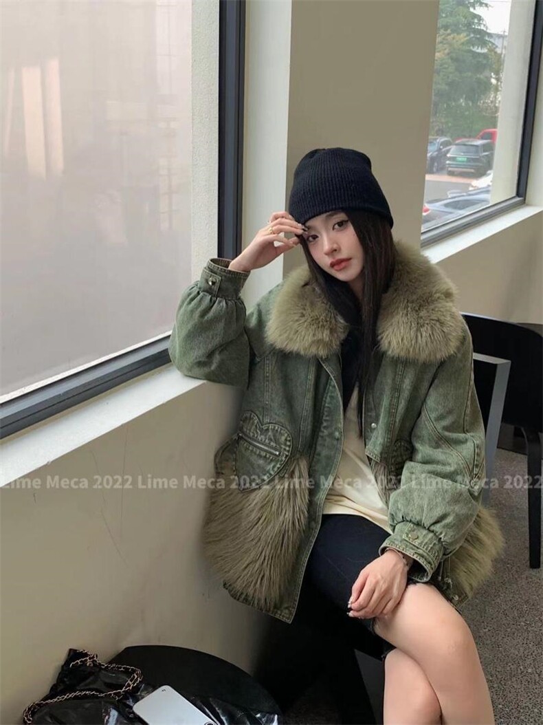 【现货】2022年冬季环保毛拼接牛仔羽绒服，女装羽绒服，Lime meca 俪米