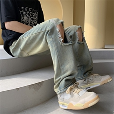 牛仔裤男夏季薄款黄泥色破洞修身直筒裤子高街vibe潮牌痞帅休闲裤，男装牛仔裤，星座410-6（原星座1304-1）