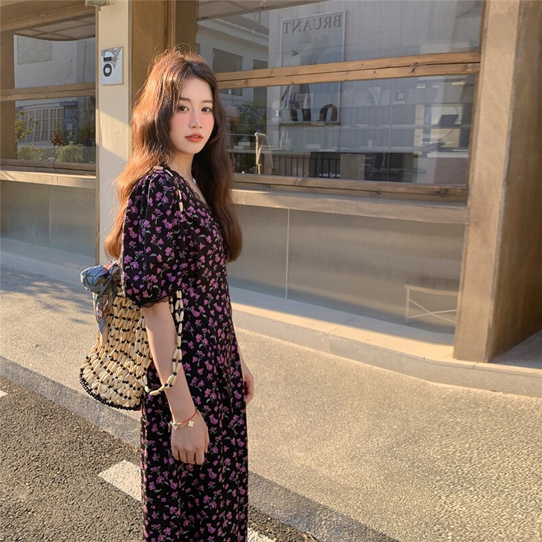 法式黑色碎花连衣裙茶歇女夏季2025新款收腰显瘦气质长裙,女装连衣裙,2C229