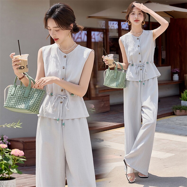 小香风无袖亚麻套装女夏2025新款轻奢高端系带收腰麻料气质两件套，女装套装/套裙，依路服饰
