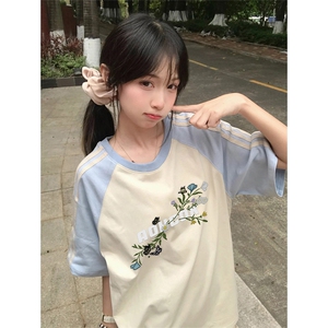 抖音得物品质二开240克宽松纯棉美式潮牌插肩三杠织带短袖T恤图片