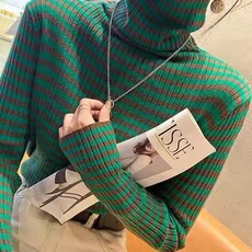 2025年秋季常规款通勤单件长袖条纹半高领打底衫，女装针织衫/毛衣，暖烁特种纱工厂店