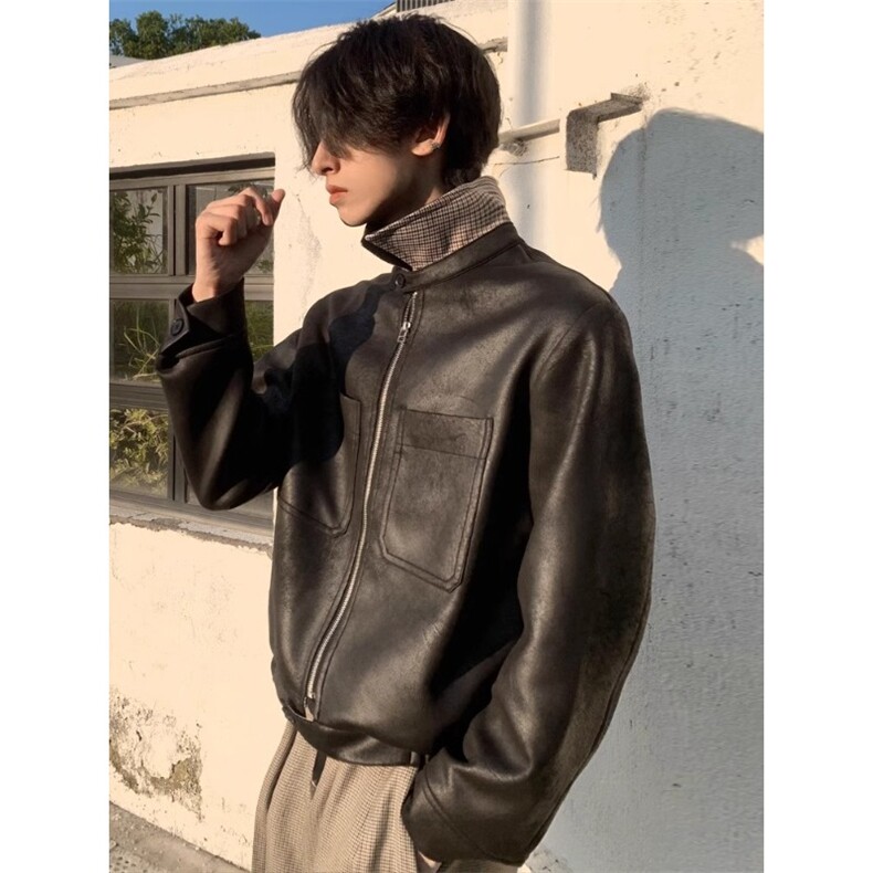 霜冻裂纹千鸟格内里PU皮猎装皮衣夹克男潮牌复古机车服JK8563,男装夹克,星座516A