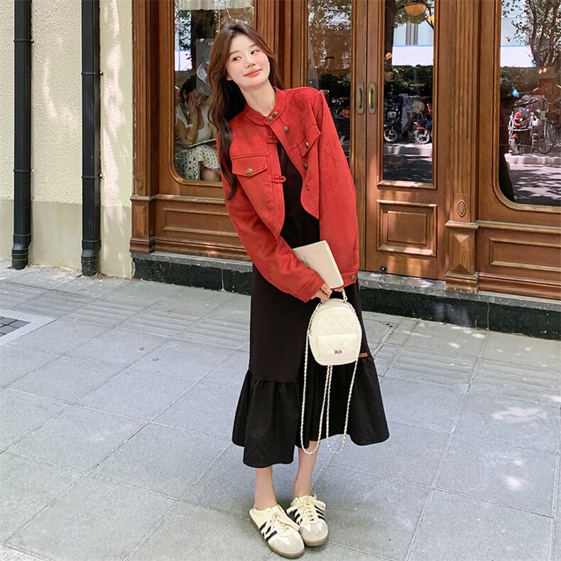 红色牛仔外套配连衣裙女2025早春新款漂亮独特减龄背心裙两件套装,女装套装/套裙,浪娴服饰