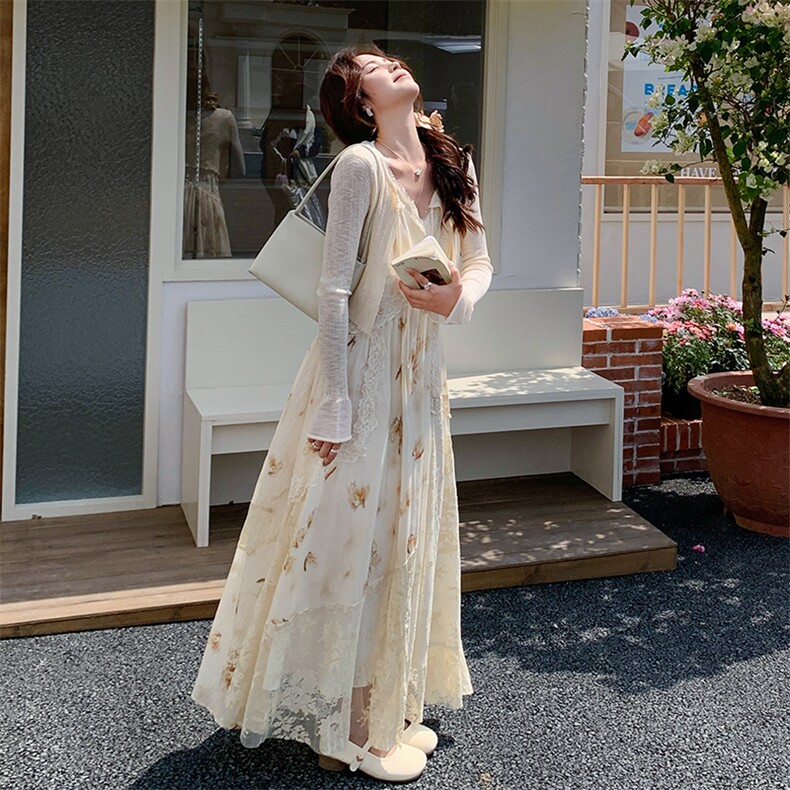 法式浪漫蕾丝拼接吊带连衣裙套装女2025秋新款长袖开衫气质两件套,女装套装/套裙,浙宝220