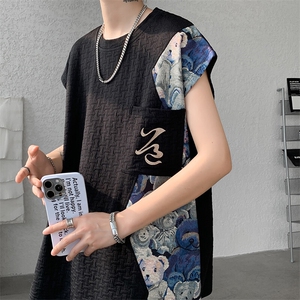 现货DSA059-T10037-P32夏季新款撞色拼接小熊大码无袖T恤,无袖丝绒旗袍搭配图片