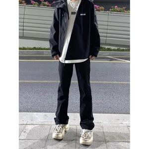 美式高街vibe裤子男黑色修身牛仔裤高腰直筒微喇长裤KZ7028-P40图片