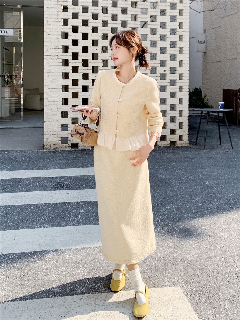 -2026年春季纯色拼接花边休闲时尚小香风两件套套装外套女,女装套装/套裙,1D102-1