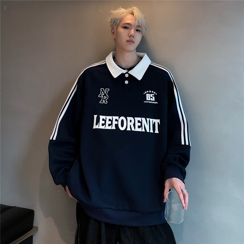 美式复古条纹POLO衫卫衣男女春秋休闲运动翻领插肩袖上衣W99-P58,男装Polo衫,电商C307A