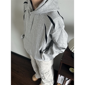 美式复古灰黑拼接字母款连帽卫衣男女宽松套头上衣 WTK61图片