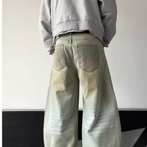 美式复古做旧脏染弯刀牛仔裤2025年春新款街头宽松阔腿长裤,男装牛仔裤,星座506A