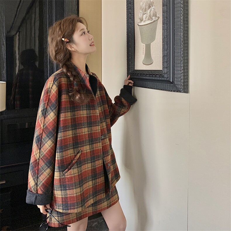 韩版复古格纹外套两件套装女2025年秋冬季新款显瘦上衣半身短裙子,女装套装/套裙,2C262