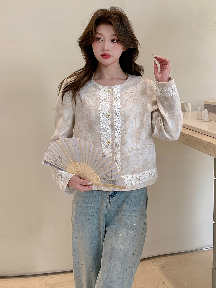 高级感小香风蕾丝花边短外套女春季款上新洋气国风圆领单排扣上衣,女装短外套,浙宝208A