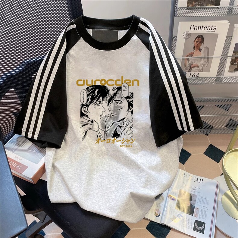 夏季美式高街重磅纯棉三条杠织带插肩撞色男女短袖T恤CZ86-特P25,男装T恤,电商A486