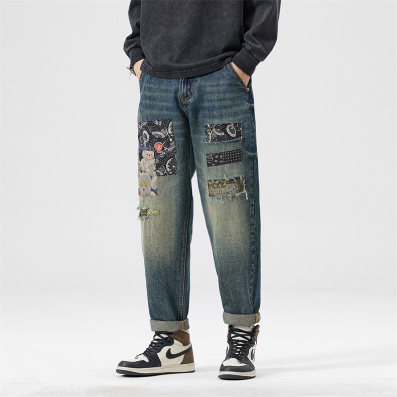 B230档2025秋冬新款美式潮流撞色贴布宽松直筒牛仔裤男9787P100，男装牛仔裤，电商B230