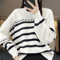 2025年秋季新款七针加厚撞色针织上衣休闲时尚通勤，女装针织衫/毛衣，奢优羊绒