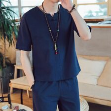 DY16*夏季2021男士棉麻短袖T恤套装长裤两件套装男灰蓝*P55，男装T恤，星座1516（原B303）