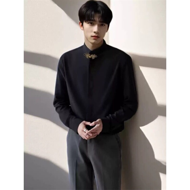 新中式男生订婚衣服秋冬平时可穿黑色衬衫男款穿搭长袖金扣休闲潮,男装衬衫,星座506A