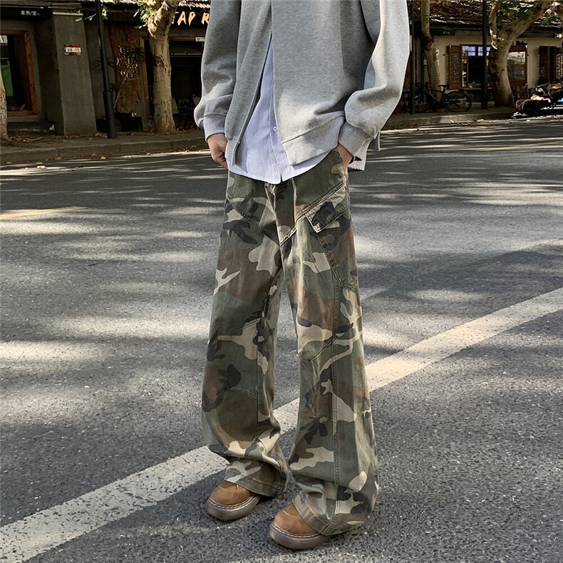 美式复古迷彩牛仔裤男女2025新款小众设计感宽松微喇工装裤潮,男装休闲裤,星座410-6（原星座1304-1）
