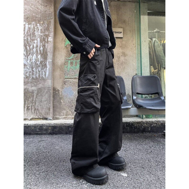 黑色工装西裤男拉链口袋纯色宽松阔腿微喇拖地裤1001-1-X113-P55,男装休闲裤,星座1001-1