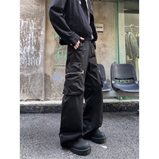黑色工装西裤男拉链口袋纯色宽松阔腿微喇拖地裤1001-1-X113-P55，男装休闲裤，星座1001-1