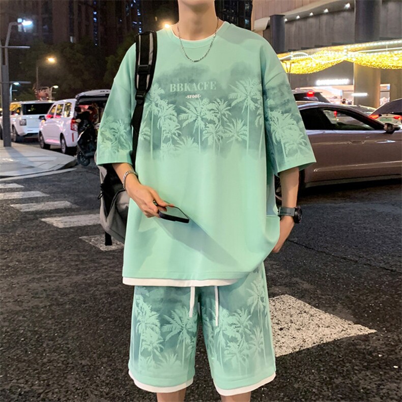 假两件菠萝格短袖T恤男夏季重磅潮牌ins休闲宽松欧美高街半袖上衣,男装休闲套装,电商A022