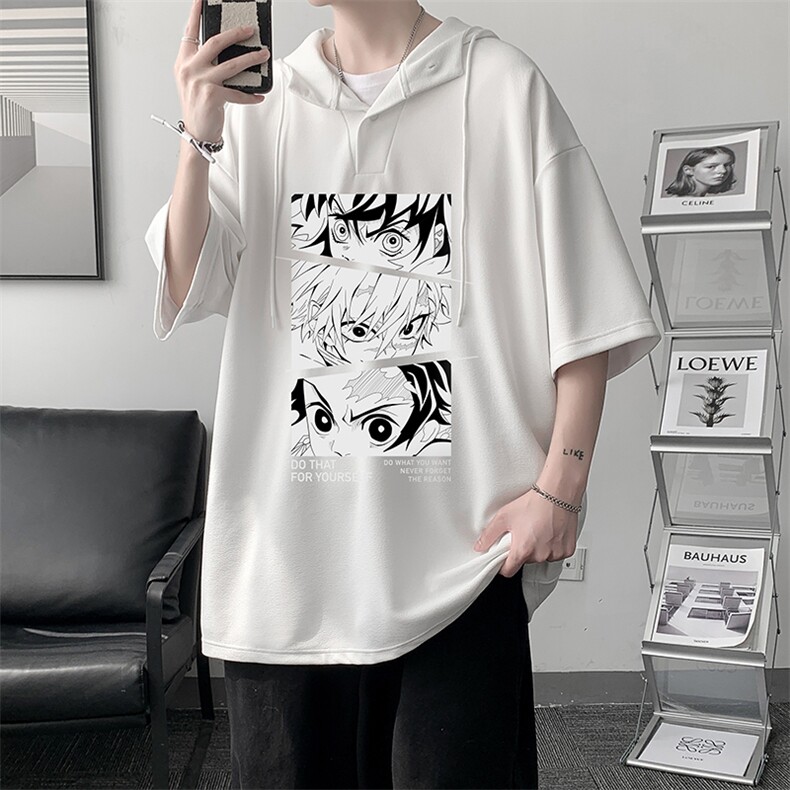 LD54176-P45连帽短袖t恤男大码胖子带帽五分袖中袖大皂风，男装T恤，电商A040