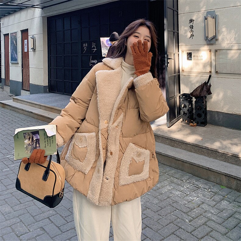 【现货】2025冬季羊羔毛拼接羽绒棉服外套2C056-3303-P170控248,女装棉衣/棉服,2C056