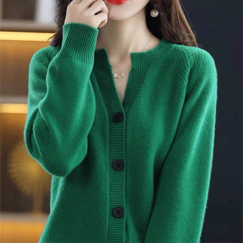 春秋新款羊毛开衫女圆V领纯色毛衣宽松百搭系扣针织外套，女装羊毛衫，鸿陌羊绒
