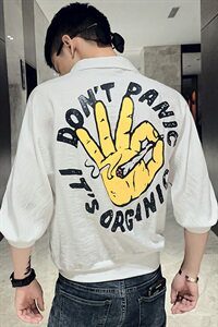 CS26 P48黑色2021夏装精神小伙印花七分袖男装修身衬衫图片