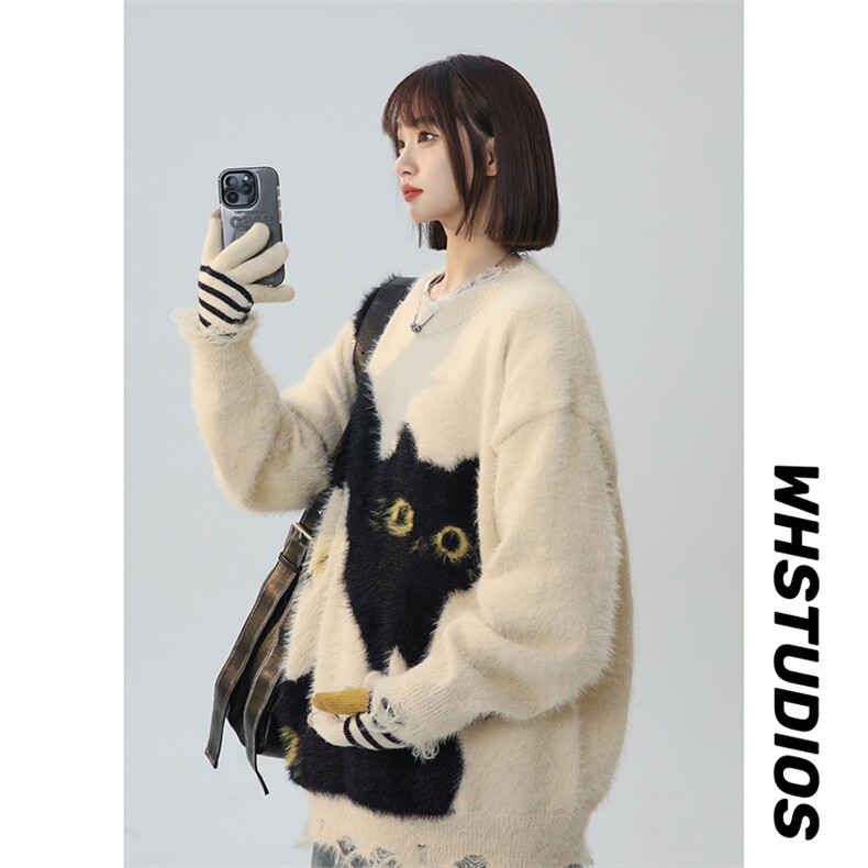 美式复古学院风猫猫趣味针织衫情侣毛衣XZ225-3-MY809-P80控98图片
