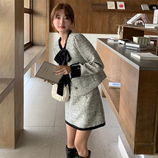 2024新款秋装小香风套装气质蝴蝶结外套显瘦显高减龄半身裙两件套，女装套装/套裙，冬木谷雨