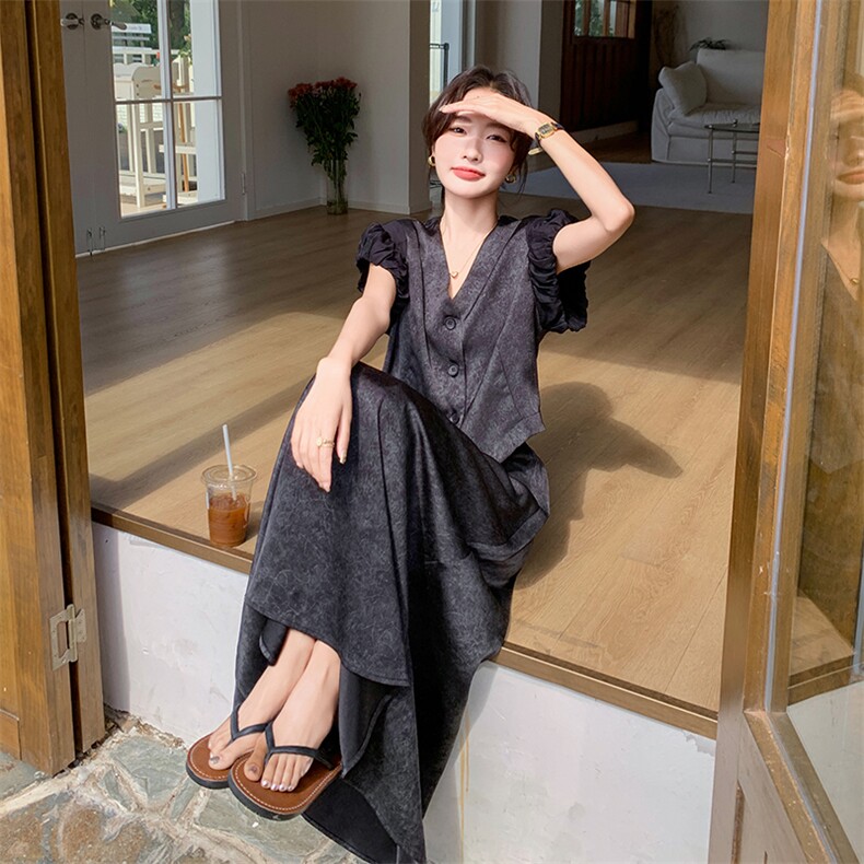 新中式国风穿搭醋酸缎面连衣裙女夏日气质高级感独特绝美长裙套装,女装套装/套裙,2C255