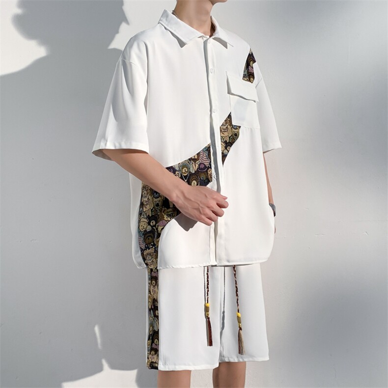 1小熊短袖衬衫男+短裤大码情侣套装92%聚酯纤维8%氨纶TZ77057P70,男装牛仔裤,星座226-2