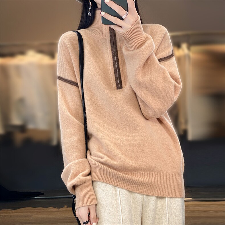 女士秋冬季新款时尚显瘦拉链款羊毛衫,女装羊毛衫,奢优羊绒